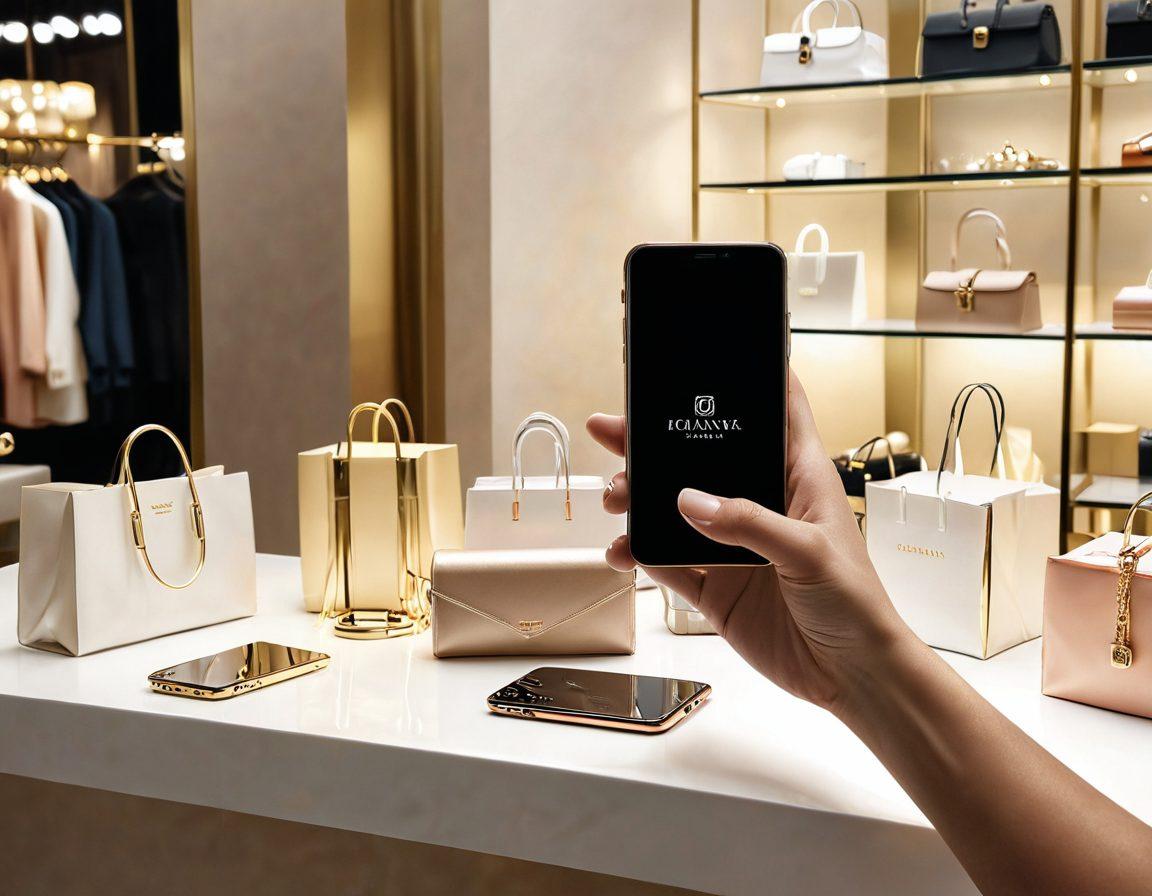 A modern, luxurious shopping scene depicting a hand holding a sleek smartphone displaying exclusive deals, surrounded by elegant, high-quality fashion items and accessories. The background features a chic boutique with tasteful decor, soft lighting illuminating the products. Emphasize exclusivity and quality in the designs. super-realistic. vibrant colors. soft focus.