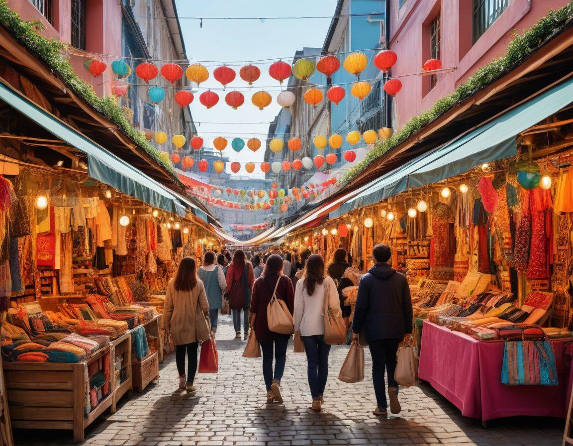 A vibrant marketplace scene showcasing diverse shoppers exploring colorful stalls filled with trendy products from Sarenki. Highlight must-have items like fashionable clothing, unique accessories, and artisanal goods against a backdrop of lively streets. Include happy faces and dynamic interactions to capture the shopping experience. The atmosphere should feel lively and inviting. vibrant colors. super-realistic.