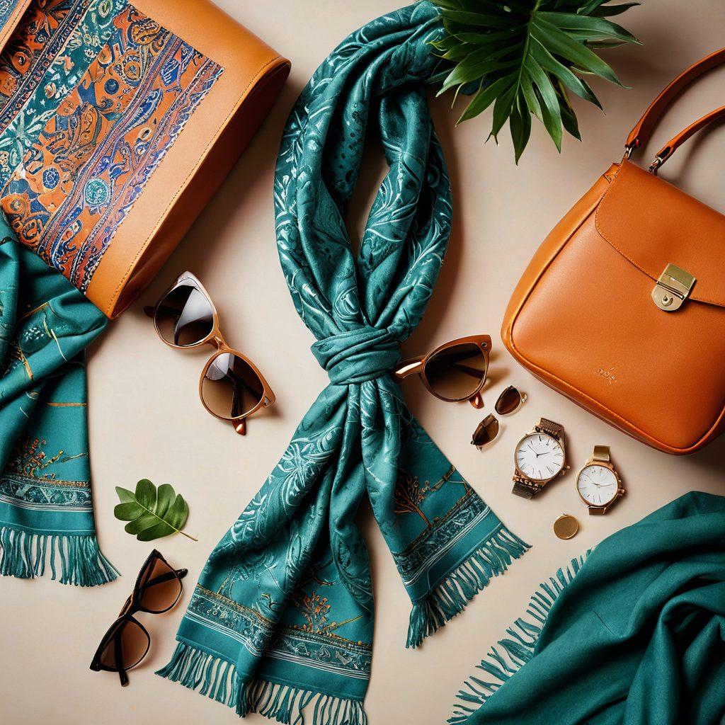 A stylish flat lay of must-have fashion products including a trendy handbag, chic sunglasses, elegant shoes, and a stylish watch, all arranged on a vibrant, patterned scarf. The background is softly blurred to emphasize the products, with a touch of greenery for contrast. soft lighting. vibrant colors. high detail.